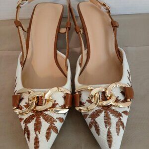 Sexy Brown and Beige Slingbacks with Bold Gold Chain